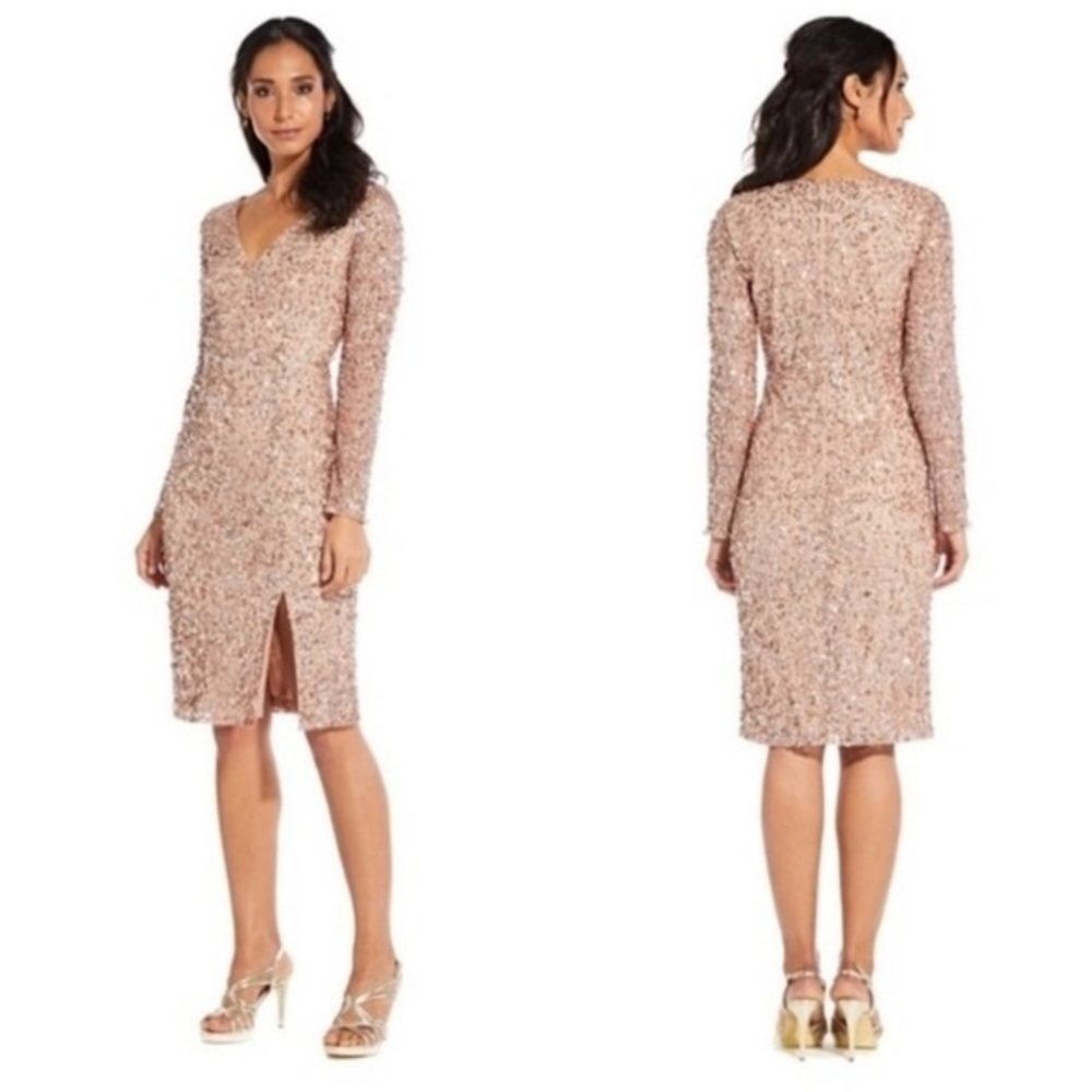 Adrianna Papell Rose Gold Sequin Long Sleeve Dress 8